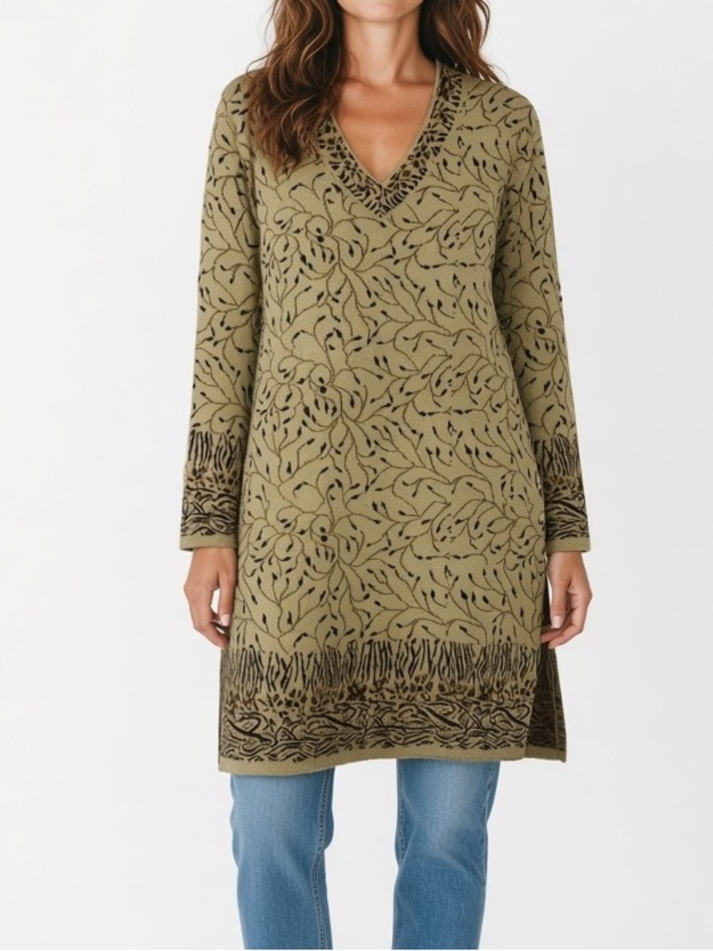 Knit V-Neck Brown Tunic Winter Woolen Kurtis Sweater Dress Fall Wool pockets